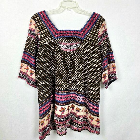 Kaktus Boho Print Tunic Top Multicolor Square Neck M - Picture 5 of 7